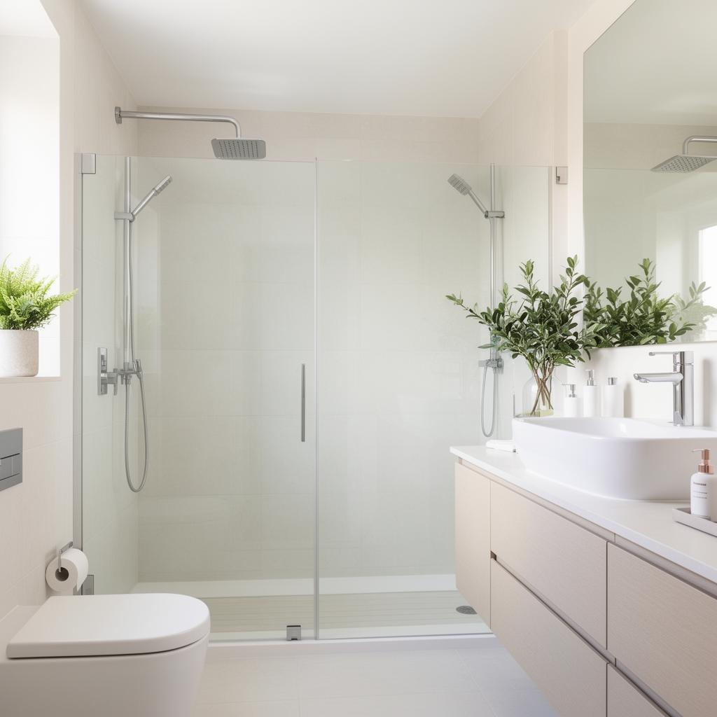 Modern, professionally plumbed bathroom with walk-in shower and chrome fixtures